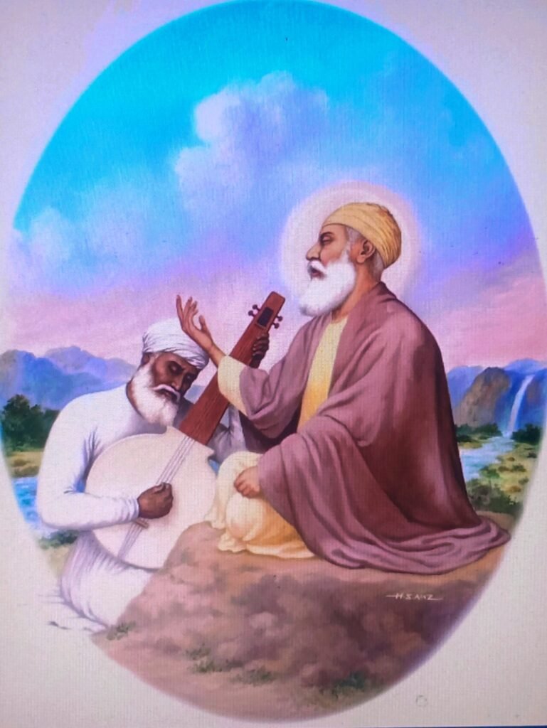 Traditional depiction of Guru Nanak with his companion Bhai Mardana.