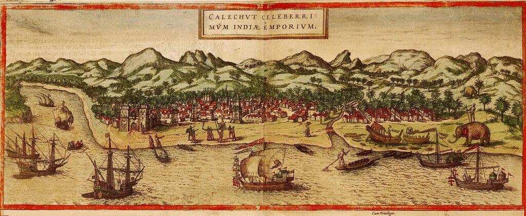 An early map or view connected with Calicut, the Malabar port where Vasco da Gama met the Zamorin.