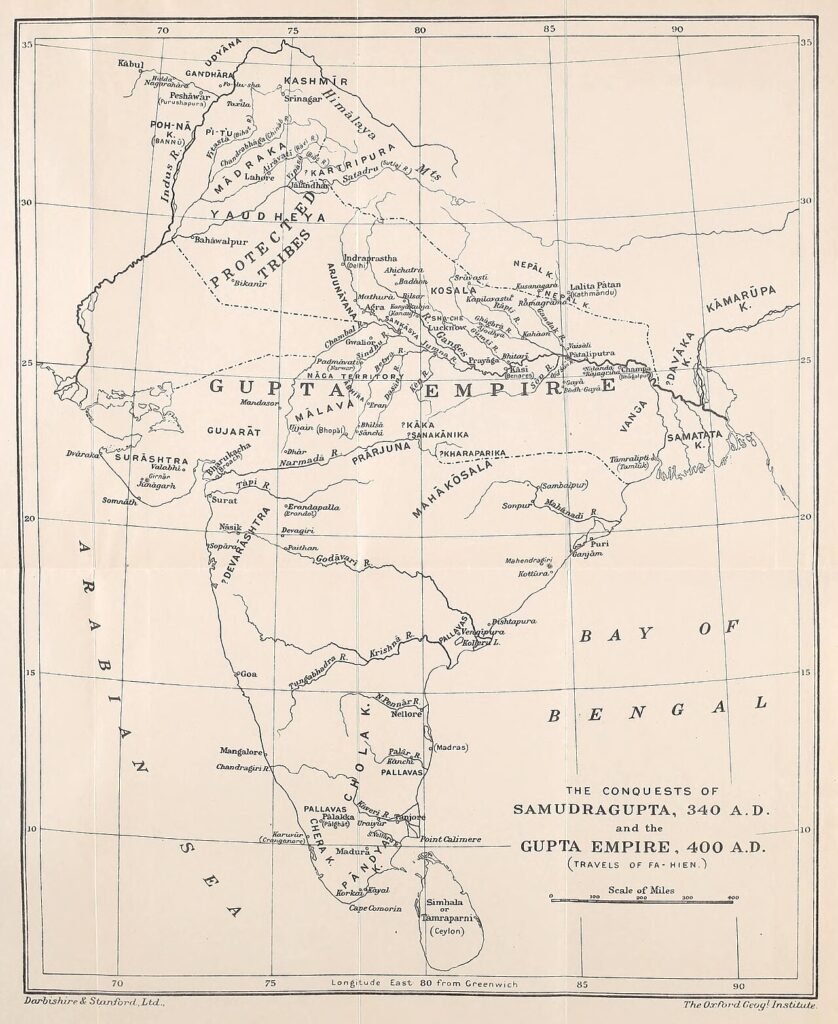 Map visualising the wide sphere of Samudragupta’s campaigns and tributary relationships.