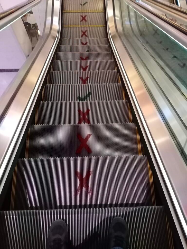 Delhi mall escalator covid signs social distancing.jpg — related to The Long Walk Home