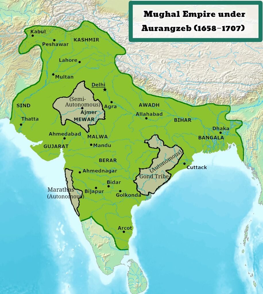 A map showing the Mughal Empire near its maximum territorial extent under Aurangzeb.