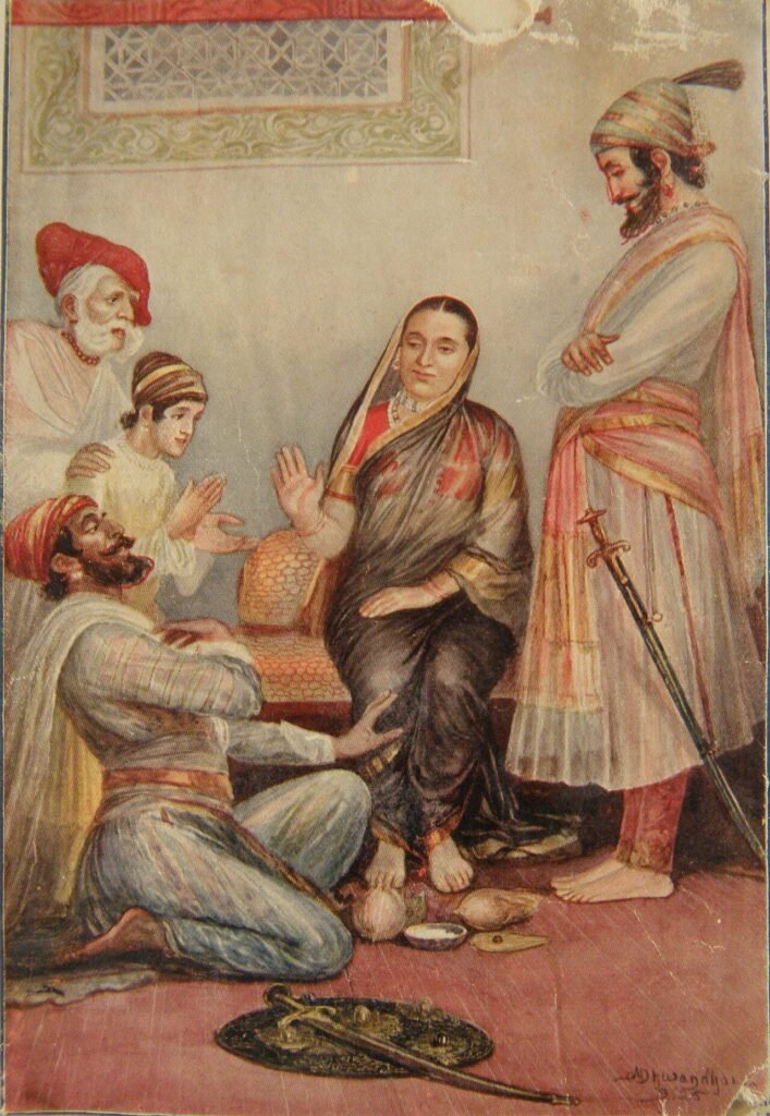 A traditional representation of Jijabai, Shivaji’s mother and a central figure in his early life.