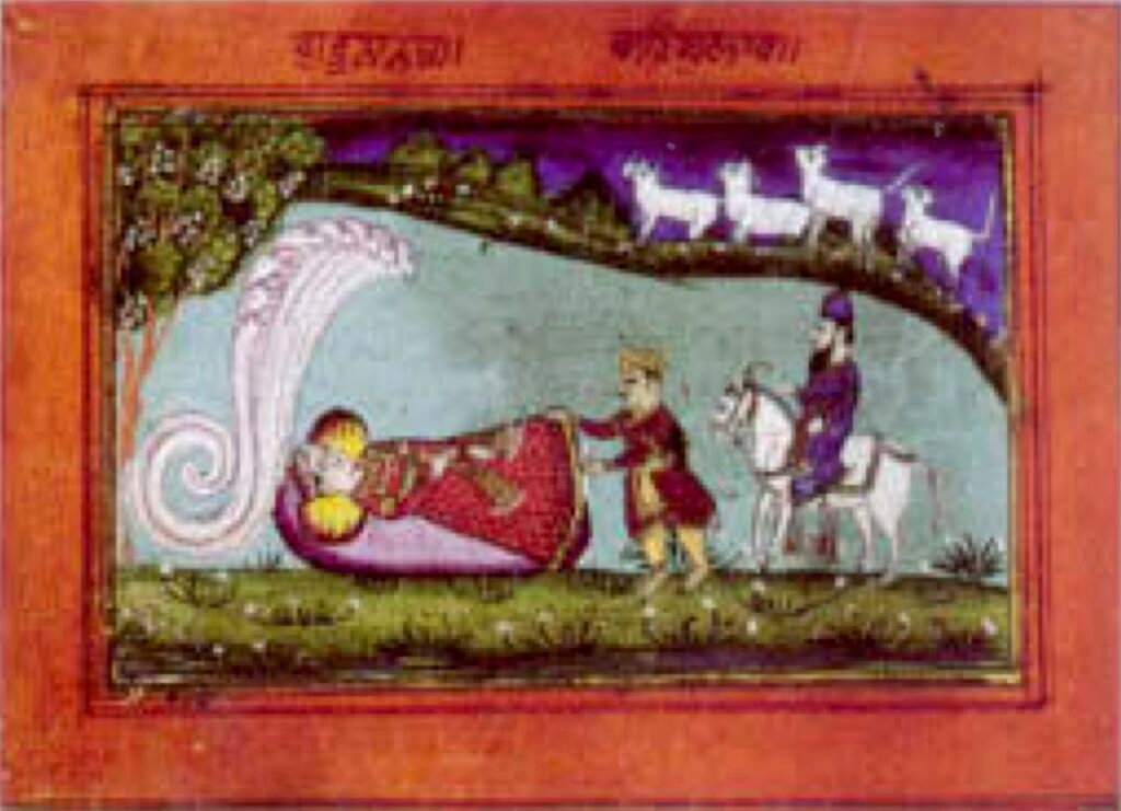 A traditional Janamsakhi painting depicting Guru Nanak.