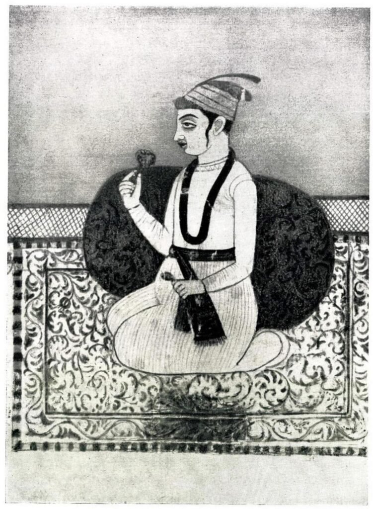 A traditional portrait of Guru Tegh Bahadur, the ninth Sikh Guru.