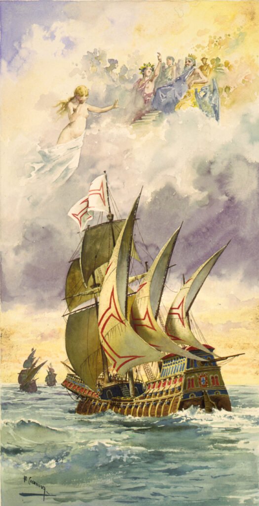 A historical representation of the ships associated with Vasco da Gama’s first voyage to India.
