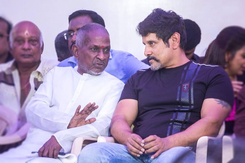 Ilaiyaraaja and Vikram at the Nadigar Sangam Protest.jpg — related to The Drum That Came In From the Street