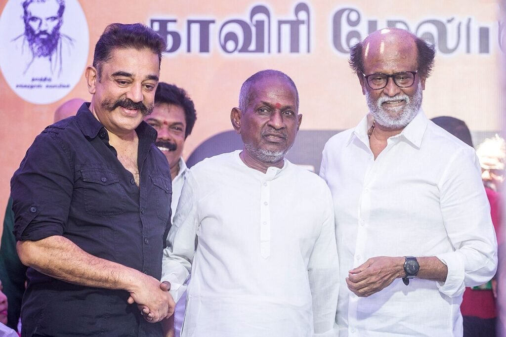 Rajinikanth, Kamal Haasan and Ilaiyaraaja At The Nadigar Sangam Protest.jpg — related to The Drum That Came In From the Street