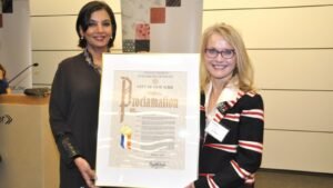 Shabana Azmi receiving proclamation from Pat Kaufman, representing the New York State Governor's office, in New York