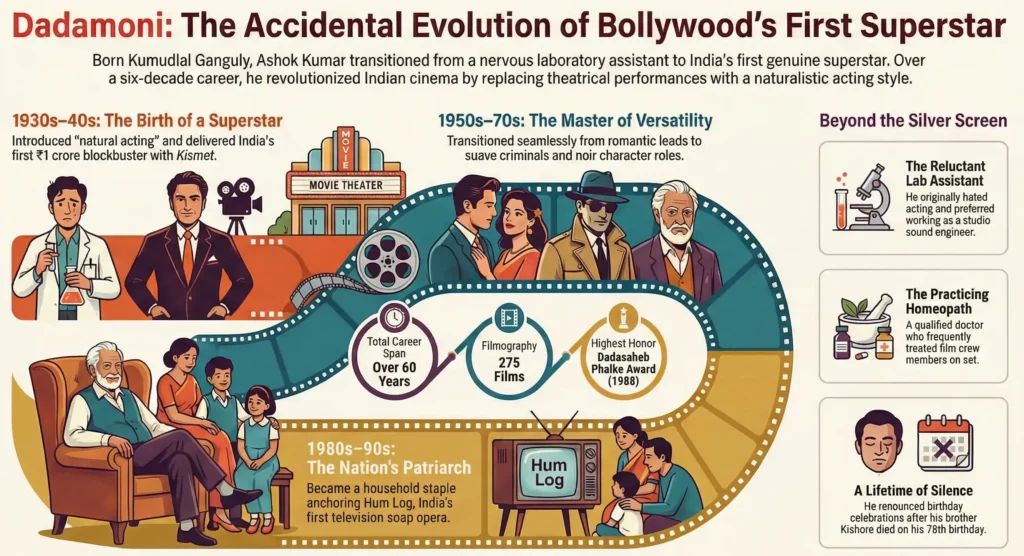 Ashok Kumar (1911–2001): The Accidental Star Who Defined Bollywood