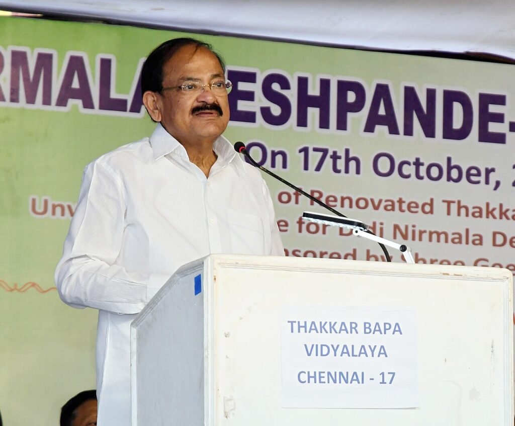 M. Venkaiah Naidu addressing the gathering after rededicating Thakkar Bapa Vidyalaya, unveiling the renovated Statue of Thakkar Bapa and unveil the plaque for pile foundation of Didi Nirmala Deshpande Nilayam, in Chennai.jpg — related to The Engineer Who Walked Into the Forest