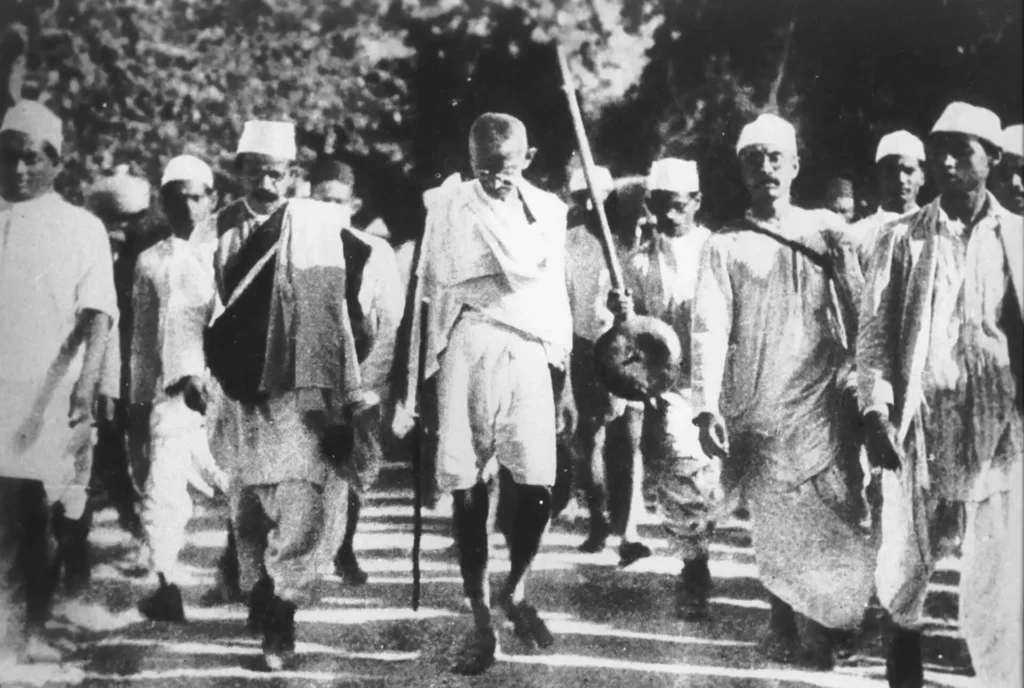 Mahatma Gandhi leading 78 followers on the Dandi March in 1930