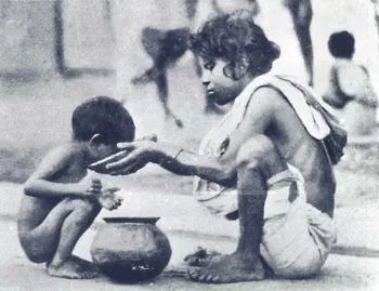 Three Million Empty Plates Archival photograph of famine victims on the streets of Calcutta during the 1943 Bengal famine.