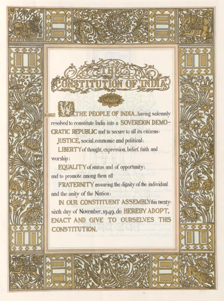 The original illuminated preamble page of the Constitution of India