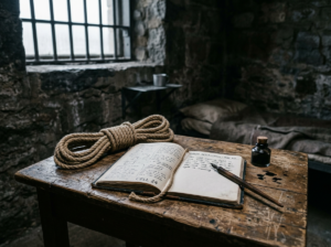 A coiled rope and a poet's closed notebook on a prison cell floor at dawn, illustrating the story of Ashfaqullah Khan