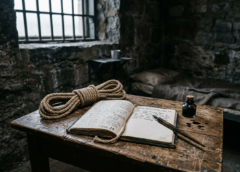 A coiled rope and a poet's closed notebook on a prison cell floor at dawn, illustrating the story of Ashfaqullah Khan