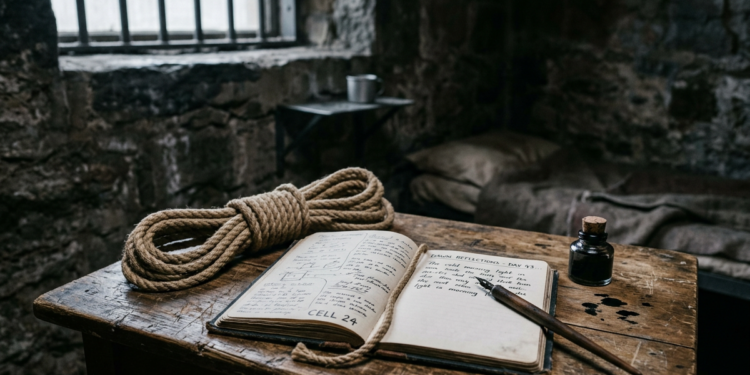 A coiled rope and a poet's closed notebook on a prison cell floor at dawn, illustrating the story of Ashfaqullah Khan