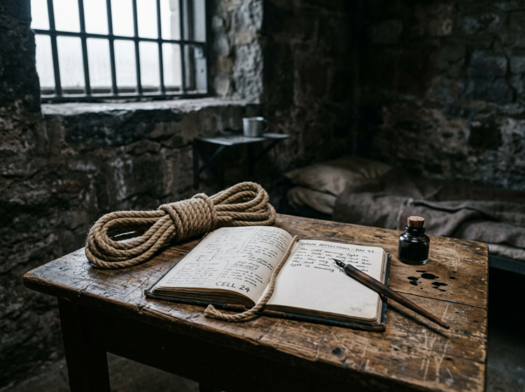 A coiled rope and a poet's closed notebook on a prison cell floor at dawn, illustrating the story of Ashfaqullah Khan