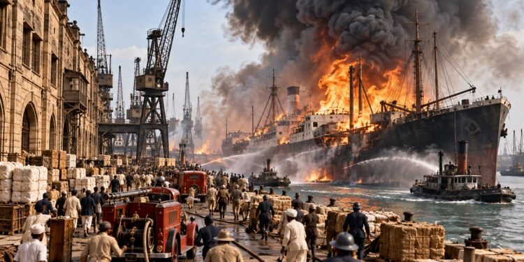 Illustrated depiction of a burning cargo ship and firefighters at Bombay docks in 1944