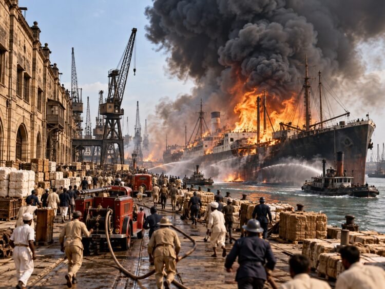 Illustrated depiction of a burning cargo ship and firefighters at Bombay docks in 1944
