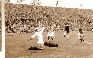 Dhyan Chand scoring in the 1936 Olympic hockey final