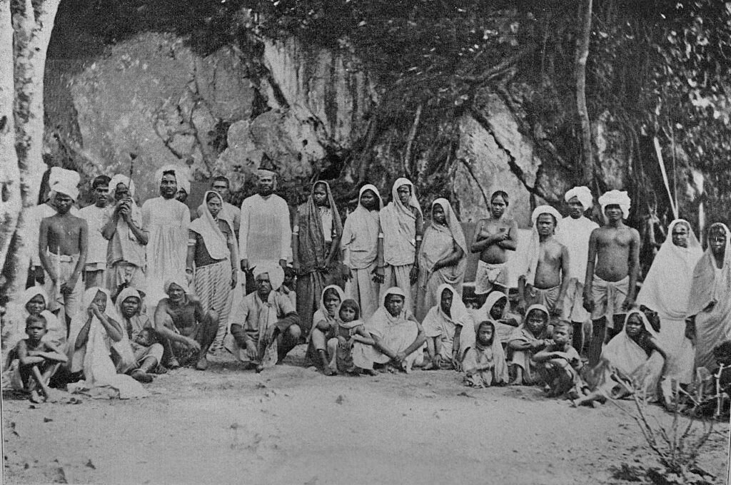 Historical photograph of newly arrived Indian labourers in Trinidad circa 1897.