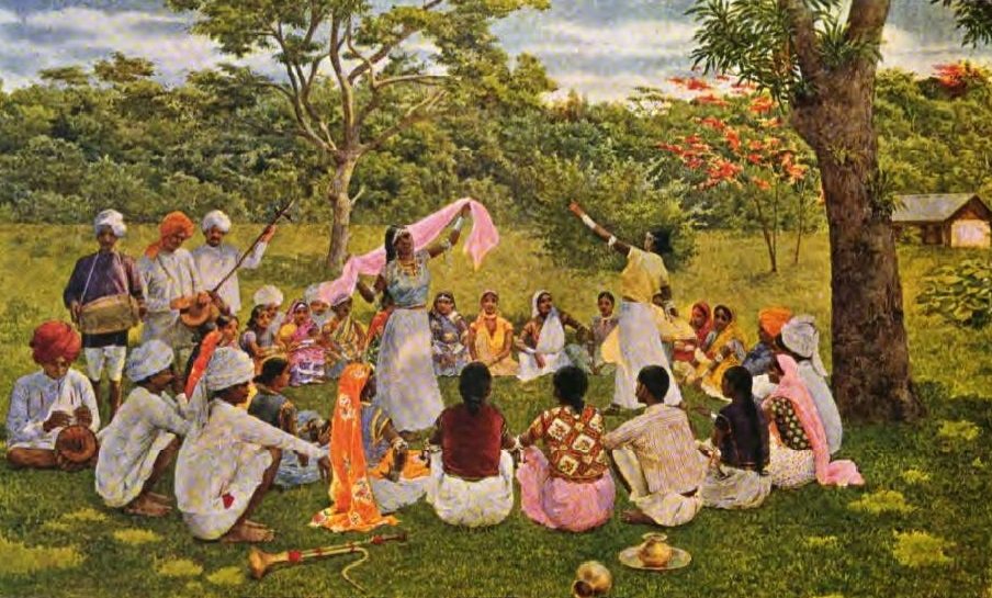 Historical printed illustration of Indian workers on a Trinidad cocoa plantation, 1903.