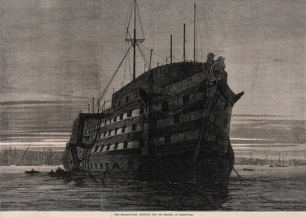 The Indian Sailors Who Reached Britain but Couldn't Get Home Nineteenth-century engraving of the Dreadnought hospital ship moored at Greenwich.