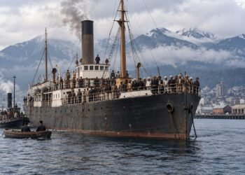 AI-generated historical illustration of a passenger steamship anchored in Vancouver harbour in 1914, representing the Komagata Maru