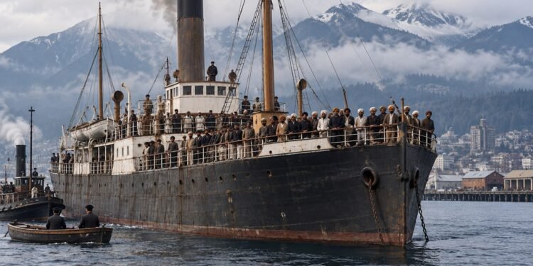 AI-generated historical illustration of a passenger steamship anchored in Vancouver harbour in 1914, representing the Komagata Maru