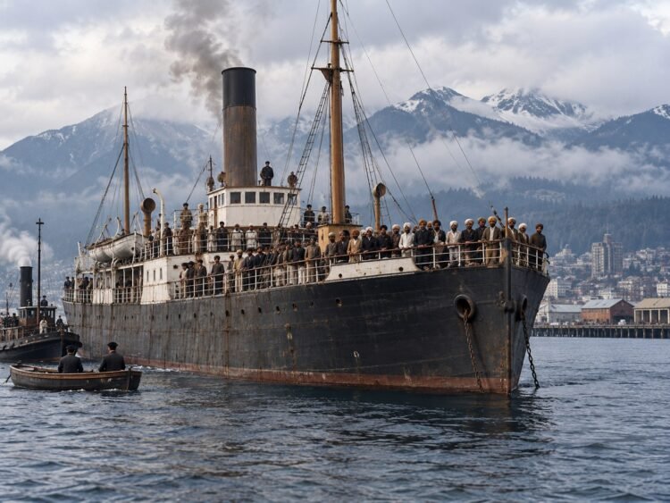 AI-generated historical illustration of a passenger steamship anchored in Vancouver harbour in 1914, representing the Komagata Maru