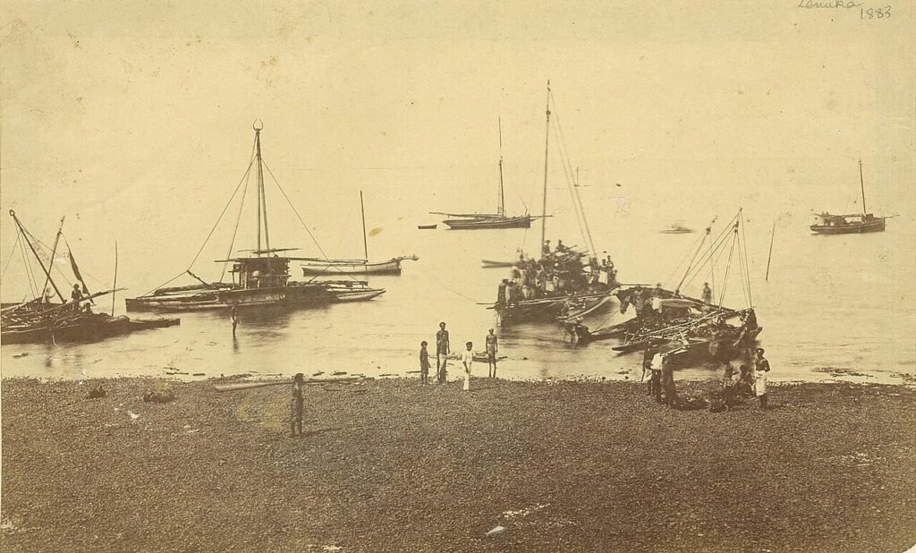 A panoramic historical photograph of Levuka harbour in Fiji around 1883.
