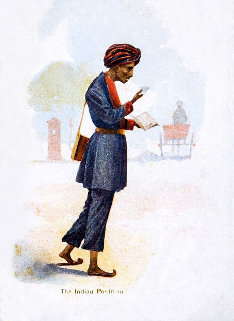 Historical Indian postcard showing a postman with a mail bag.