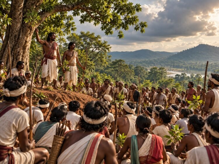 Illustration of a Santhal village assembly in 1855 with community members and sal-tree branches