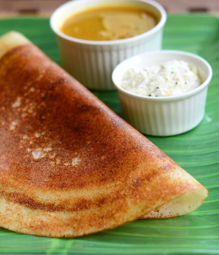 Dosa served in a South Indian meal.