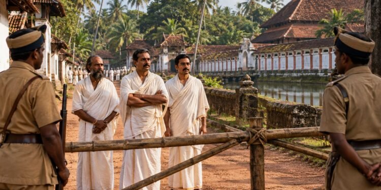 Illustration of Vaikom Satyagraha activists confronting a road barricade in Travancore in 1924